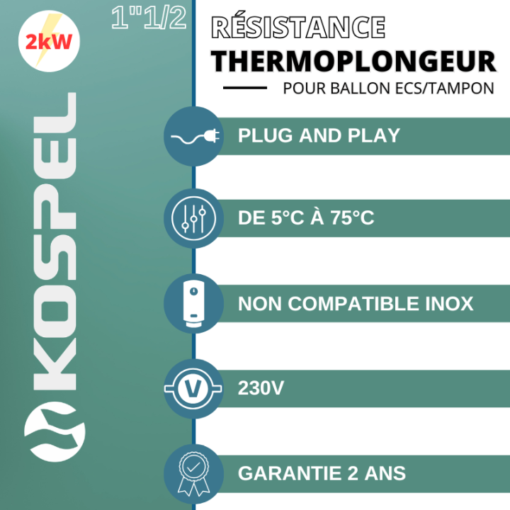 Résistance chauffe-eau - Thermoplongeur - 75°c - de 2 à 3 kW - 230 V
