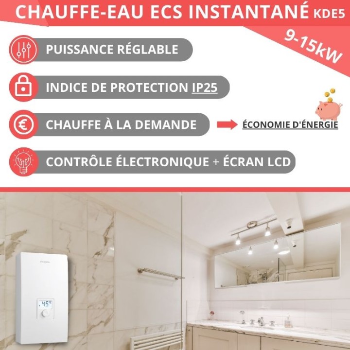 Chauffe-eau électrique instantané 9 à 24 kW 400V LCD - KDE5 Kospel