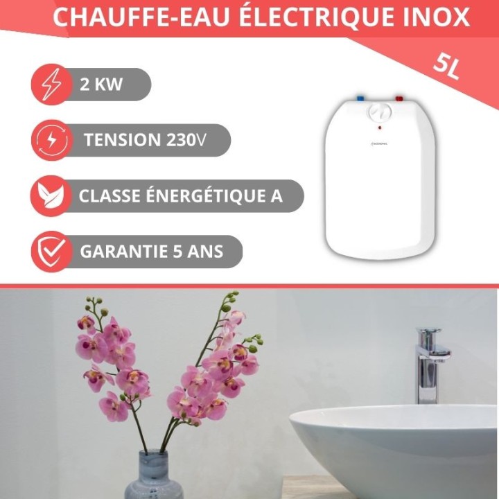 Chauffe eau électrique acier inox 5 ou 10 Litres sous/sur évier - POC Kospel