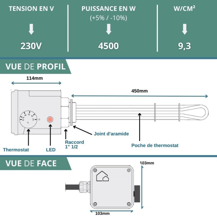 Résistance tubulaire thermoplongeur pour chauffe-eau - 1,5 KW 1500