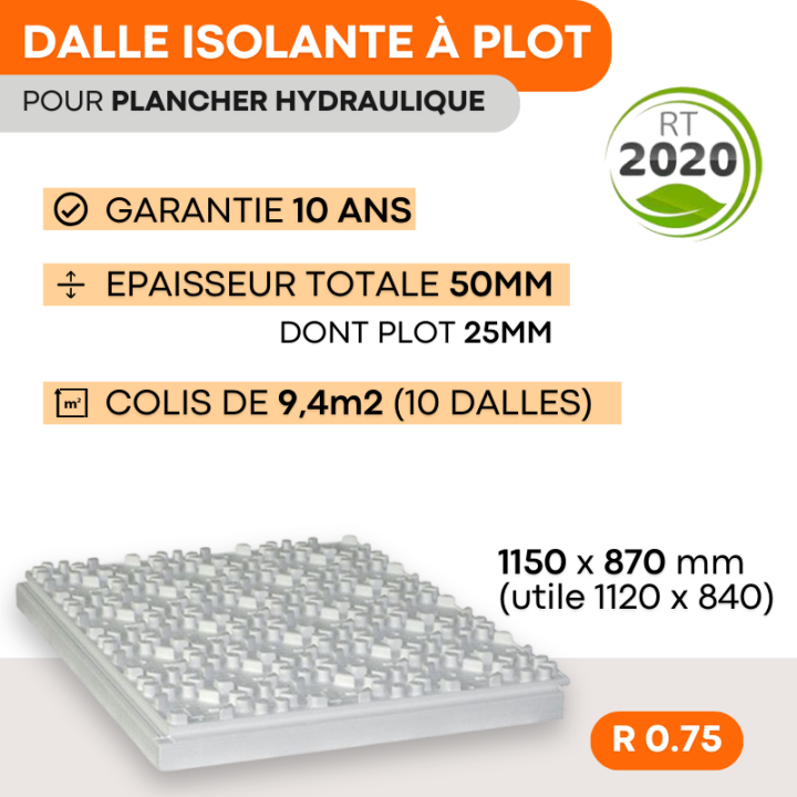 Dalle isolante à plot pour plancher chauffant hydraulique - 25 à 96 mm
