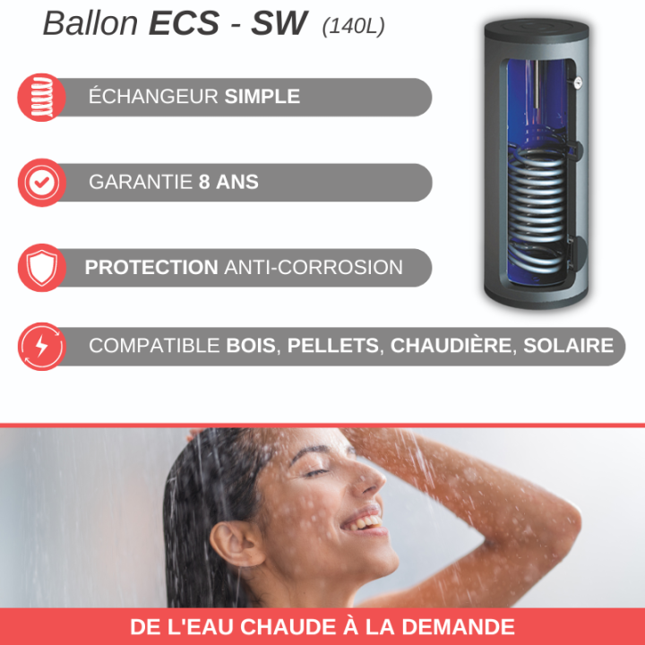 Ballon ECS émaillé - échangeur - 140, 200, 300 ou 500 litres - Kospel
