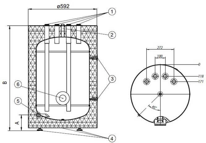 Schema et dimensions du ballon tampon bouteille de mélange Kospel 100 Litres
