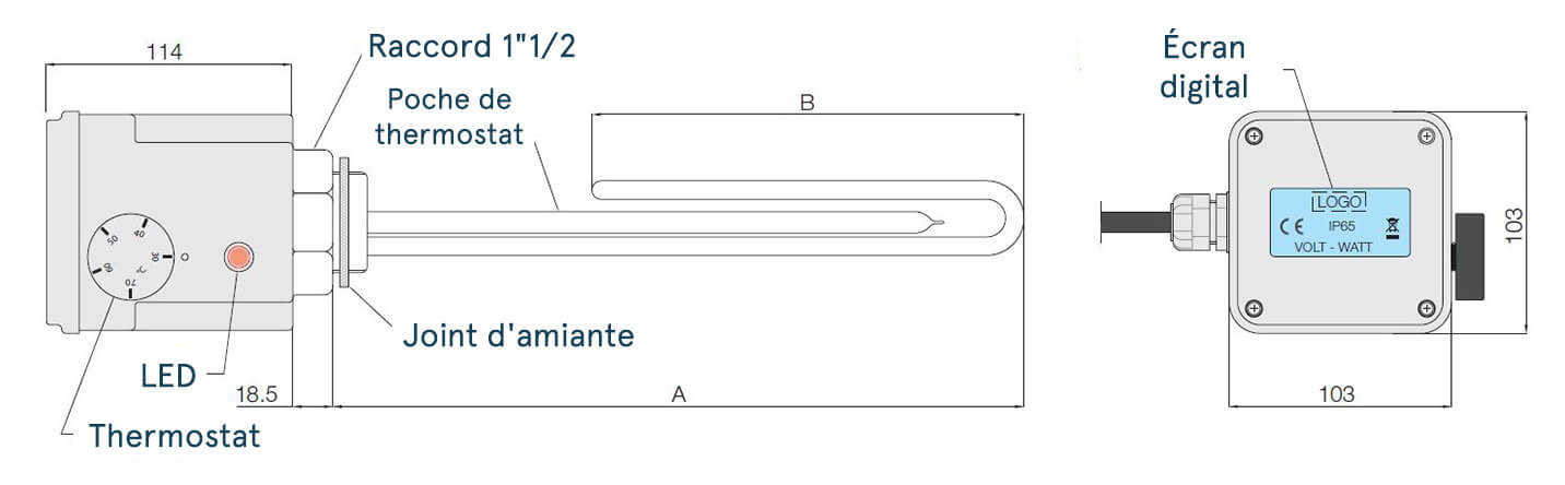Schéma de dimensions de la résistance 3 kW Monophasée
