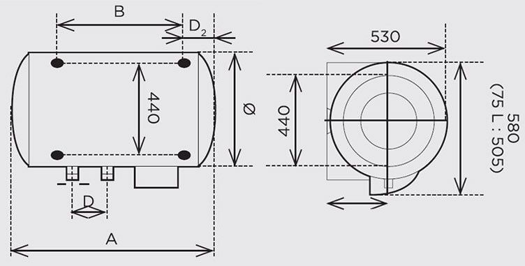 Dimensions et schéma du ballon électrique thermor Horizontal