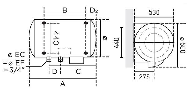 Schema et dimensions du ballon Thermor Duralis Vertical Mural
